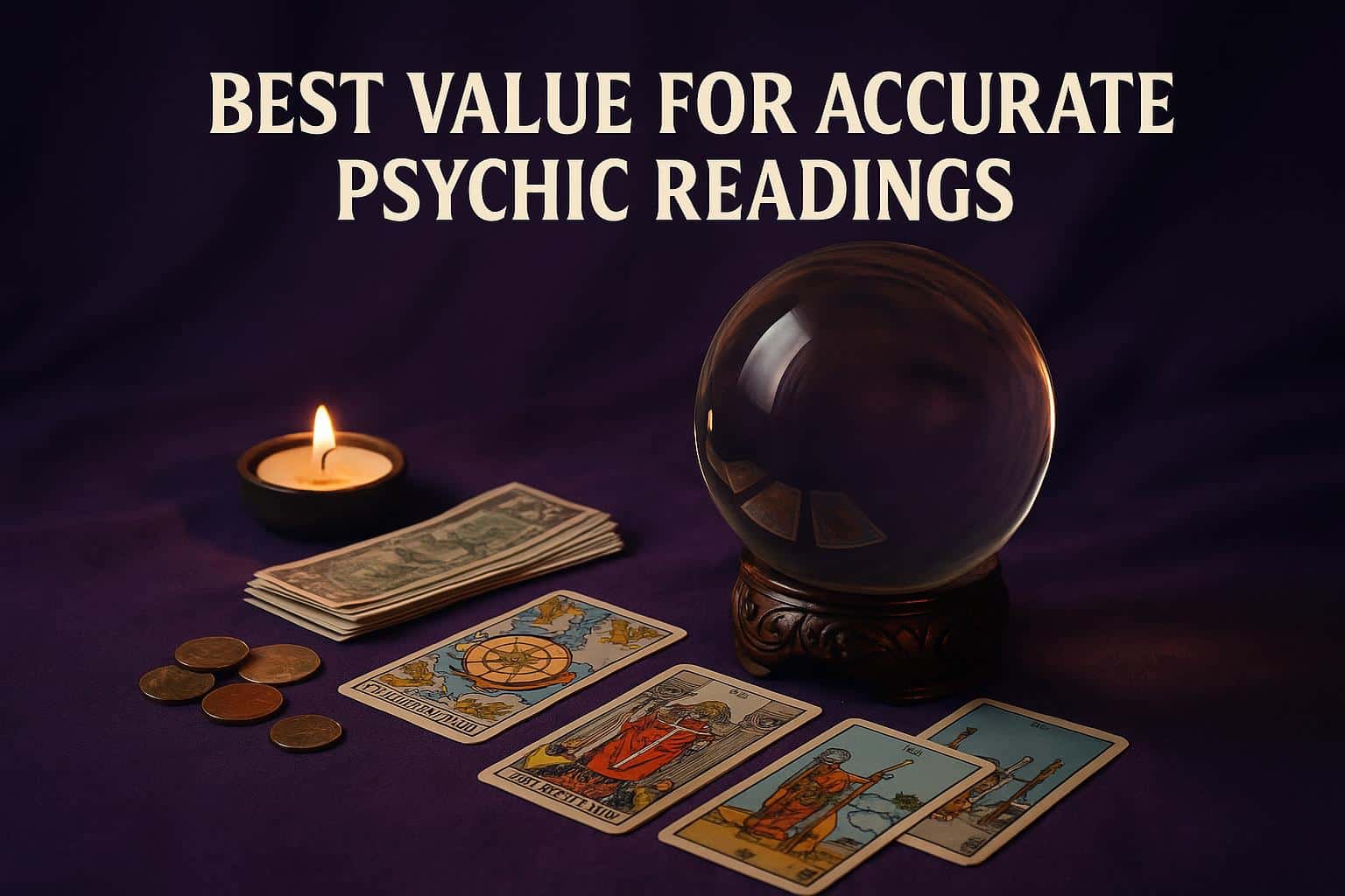 Tarot cards and crystal ball on table representing affordable and reliable psychic readings