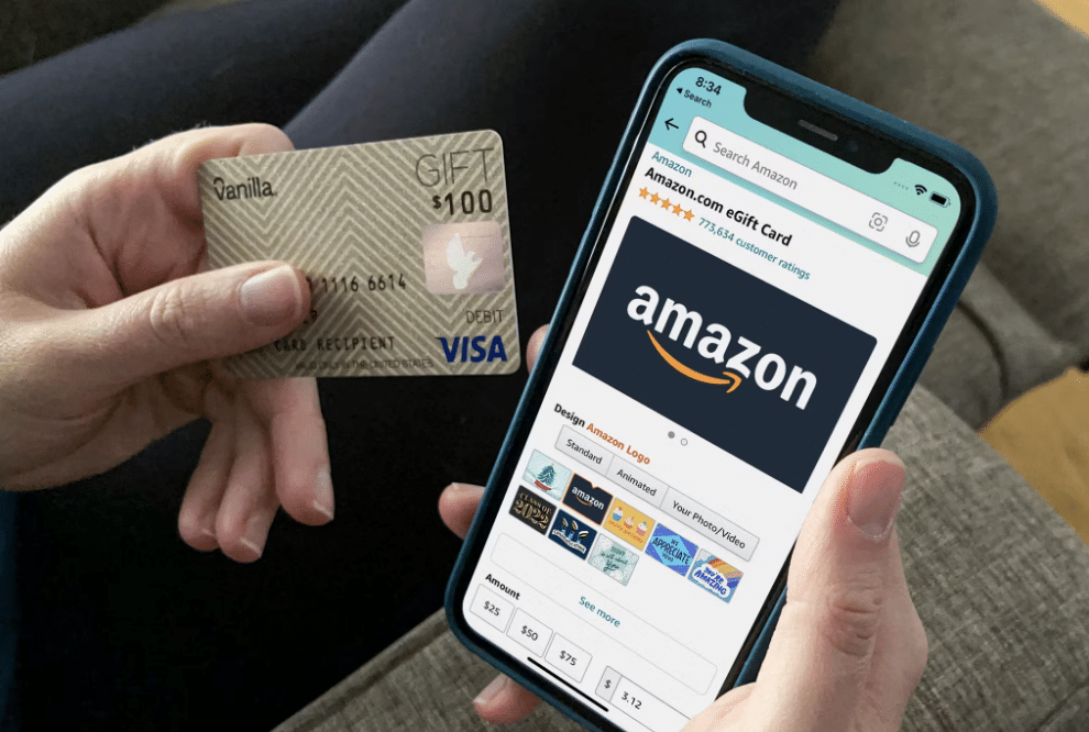 A person using a prepaid card to make a payment on Amazon